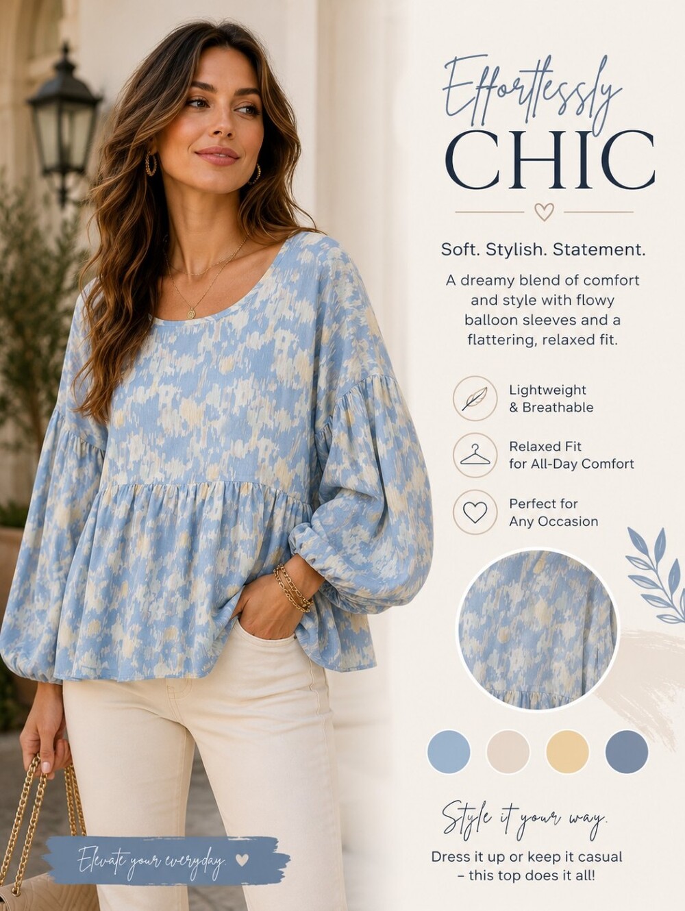 Entro Light Blue and Cream Abstract Print Peasant Tunic
